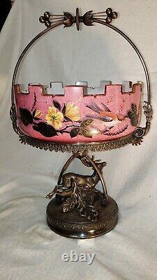 VICTORIAN BRIDES BASKET Hand Painted Pink Glass with Original Silver Plated Stand