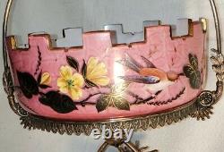 VICTORIAN BRIDES BASKET Hand Painted Pink Glass with Original Silver Plated Stand