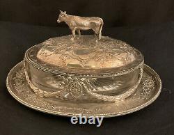 VICTORIAN MARTIN HALL & Co SILVER PLATED COW BUTTER DISH ORIGINAL GLASS LINER M