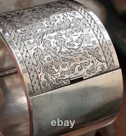 VICTORIAN SILVER HINGED BANGLE With Engraved Design 33mm Wide