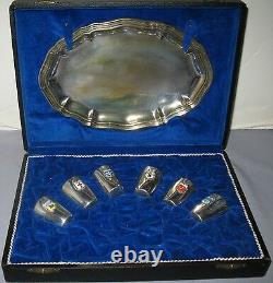 VINTAGE GERMAN SP SET ARMORIAL CRESTS SIX LIQUEURS withTRAY ORIGINAL CASE BAVARIAN