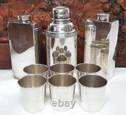 VINTAGE SILVER PLATED LIQUOR BOTTLES COCKTAIL SHAKER & CUPS SET With LEATHER CASE