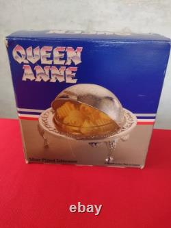 VINTAGE Silver Plated Roll Top QUEEN ANN GLOBE DISH Dome shaped + Original Box
