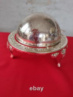VINTAGE Silver Plated Roll Top QUEEN ANN GLOBE DISH Dome shaped + Original Box