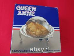 VINTAGE Silver Plated Roll Top QUEEN ANN GLOBE DISH Dome shaped + Original Box