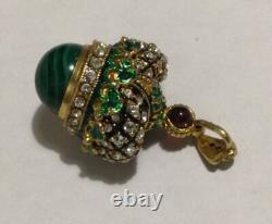 VTG Silver Crown Egg Pendant Enamel Genune Garnet & Malachite. 21g. Gold Plate