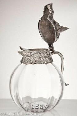 Valenti Glass Pitcher with Silver Plate Boars Head Top RARE Vintage 1960s