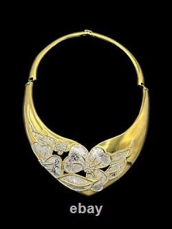Valentino Gold Vintage Etched Flower Rhinestone Hinged Bib Necklace