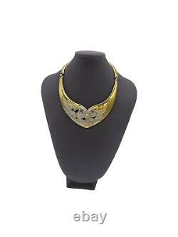 Valentino Gold Vintage Etched Flower Rhinestone Hinged Bib Necklace