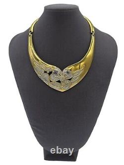 Valentino Gold Vintage Etched Flower Rhinestone Hinged Bib Necklace
