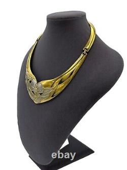 Valentino Gold Vintage Etched Flower Rhinestone Hinged Bib Necklace