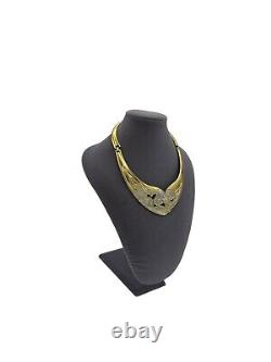 Valentino Gold Vintage Etched Flower Rhinestone Hinged Bib Necklace