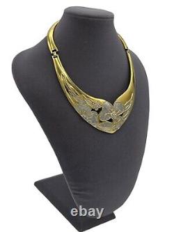 Valentino Gold Vintage Etched Flower Rhinestone Hinged Bib Necklace