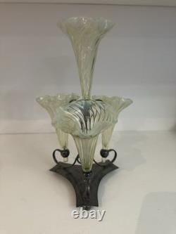 Vaseline Uranium Glass Antique Epergine With Silver Plated Base 4 Flutes