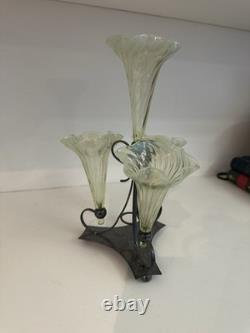 Vaseline Uranium Glass Antique Epergine With Silver Plated Base 4 Flutes