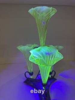 Vaseline Uranium Glass Antique Epergine With Silver Plated Base 4 Flutes
