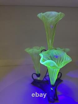 Vaseline Uranium Glass Antique Epergine With Silver Plated Base 4 Flutes