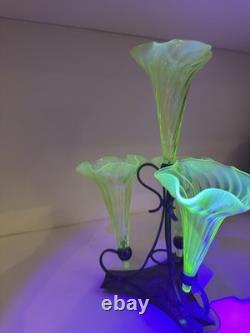 Vaseline Uranium Glass Antique Epergine With Silver Plated Base 4 Flutes