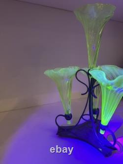 Vaseline Uranium Glass Antique Epergine With Silver Plated Base 4 Flutes