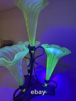 Vaseline Uranium Glass Antique Epergine With Silver Plated Base 4 Flutes