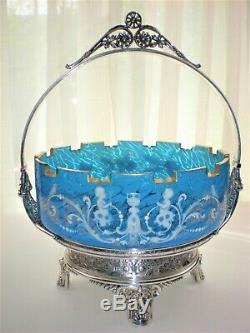 Victorian Aesthetic Meriden Silver Plate Brides Basket Blue Glass Enamel Bowl