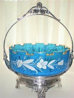 Victorian Aesthetic Meriden Silver Plate Brides Basket Blue Glass Enamel Bowl