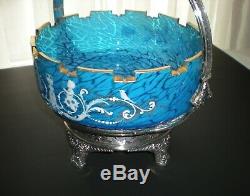 Victorian Aesthetic Meriden Silver Plate Brides Basket Blue Glass Enamel Bowl