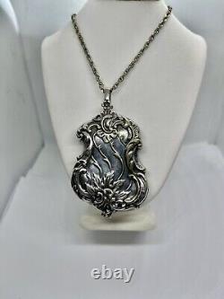 Victorian Art Nouveau Silver Plate Chatelaine Mirror Locket Pendant Necklace