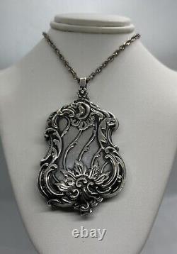 Victorian Art Nouveau Silver Plate Chatelaine Mirror Locket Pendant Necklace