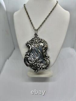 Victorian Art Nouveau Silver Plate Chatelaine Mirror Locket Pendant Necklace