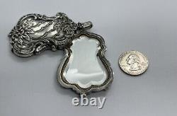 Victorian Art Nouveau Silver Plate Chatelaine Mirror Locket Pendant Necklace