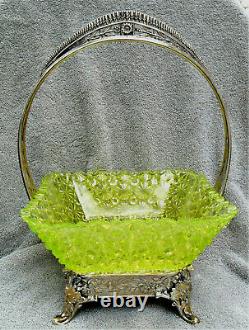 Victorian Brides Basket Albany Silverplate Co Square Yellow Vaseline Glass Rare