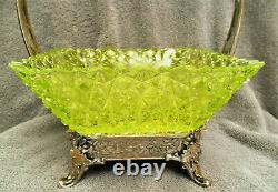 Victorian Brides Basket Albany Silverplate Co Square Yellow Vaseline Glass Rare