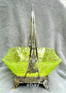 Victorian Brides Basket Albany Silverplate Co Square Yellow Vaseline Glass Rare