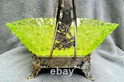 Victorian Brides Basket Albany Silverplate Co Square Yellow Vaseline Glass Rare