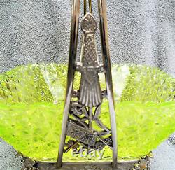 Victorian Brides Basket Albany Silverplate Co Square Yellow Vaseline Glass Rare