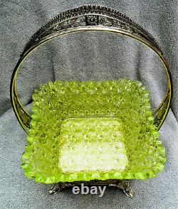 Victorian Brides Basket Albany Silverplate Co Square Yellow Vaseline Glass Rare