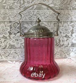 Victorian English Silver Plate & Cranberry Glass Biscuit Barrel Star Cut Base