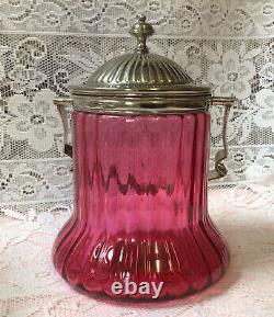 Victorian English Silver Plate & Cranberry Glass Biscuit Barrel Star Cut Base