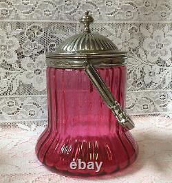 Victorian English Silver Plate & Cranberry Glass Biscuit Barrel Star Cut Base