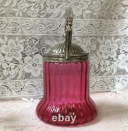 Victorian English Silver Plate & Cranberry Glass Biscuit Barrel Star Cut Base