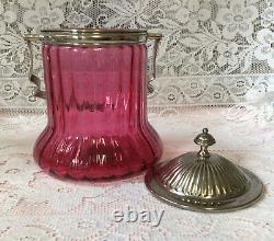 Victorian English Silver Plate & Cranberry Glass Biscuit Barrel Star Cut Base