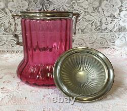 Victorian English Silver Plate & Cranberry Glass Biscuit Barrel Star Cut Base