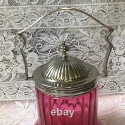 Victorian English Silver Plate & Cranberry Glass Biscuit Barrel Star Cut Base