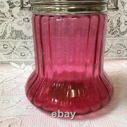 Victorian English Silver Plate & Cranberry Glass Biscuit Barrel Star Cut Base