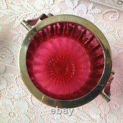 Victorian English Silver Plate & Cranberry Glass Biscuit Barrel Star Cut Base