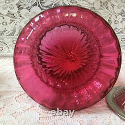 Victorian English Silver Plate & Cranberry Glass Biscuit Barrel Star Cut Base