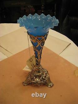 Victorian Epergne Centerpiece, Blue Glass Vase with Silver Plated Stand