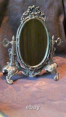 Victorian Italian Ornate Silver Plated Tilt Swival Vanity Table Mirror