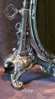 Victorian Italian Ornate Silver Plated Tilt Swival Vanity Table Mirror